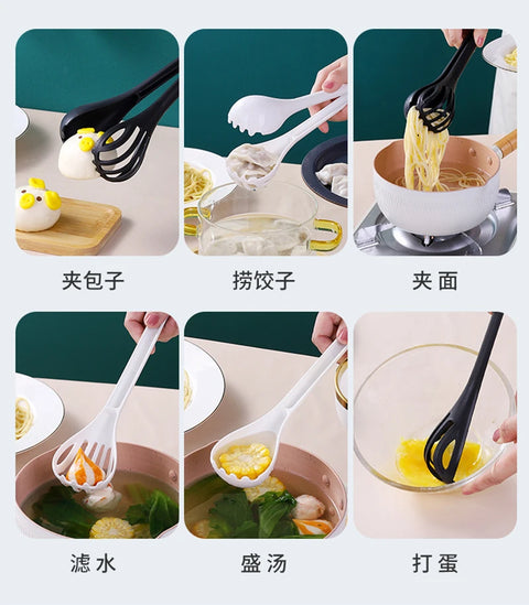 Removable Long-Handled Pasta Clips 3-in-1 Food Tongs, Egg Beater & Cream Mixer